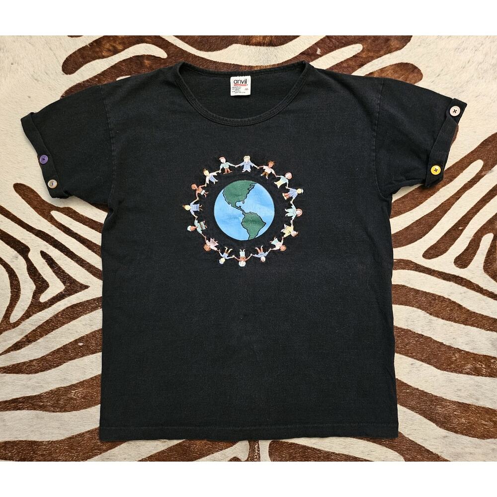 Vintage 90s Embroidered Friendship Planet Earth Peace T-shirt Sz M